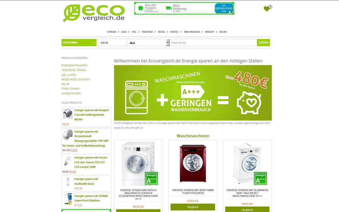 Screenshot : Ecovergleich.de – Energiespar-Onlineshop (frühere Version)