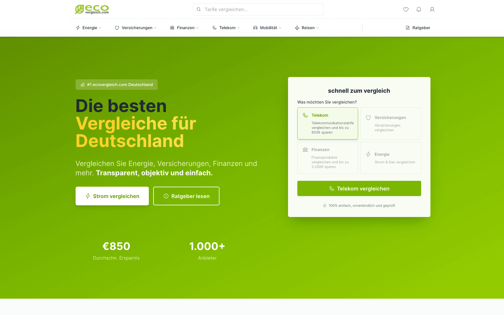 Screenshot : eco vergleich – Vergleichsportal für Energie & mehr