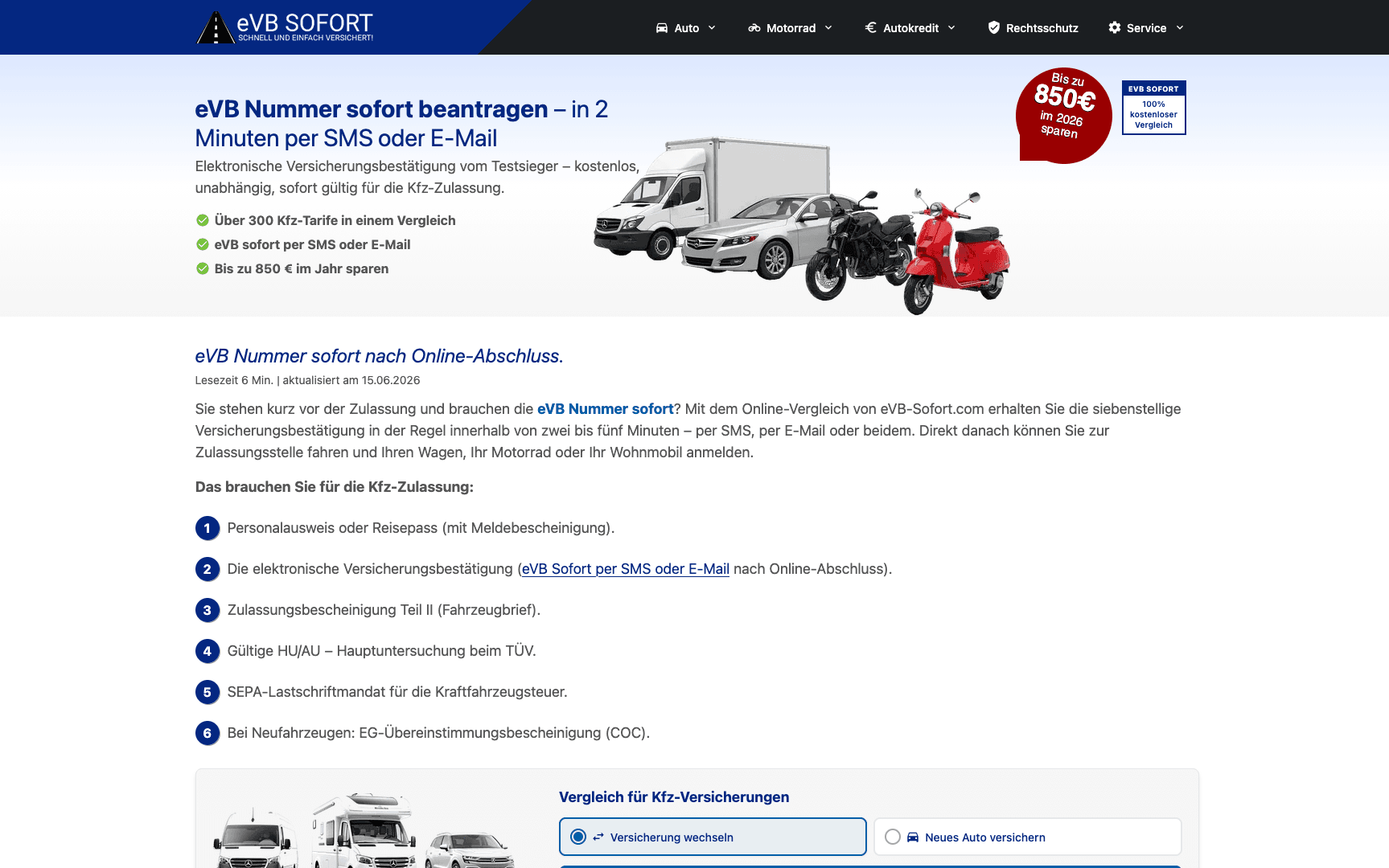 Screenshot 1: eVB SOFORT – eVB-Nummer & Kfz-Versicherungsvergleich