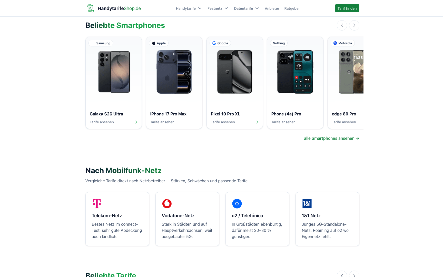 Screenshot : HandytarifeShop.de – Smartphones & Tarife vergleichen