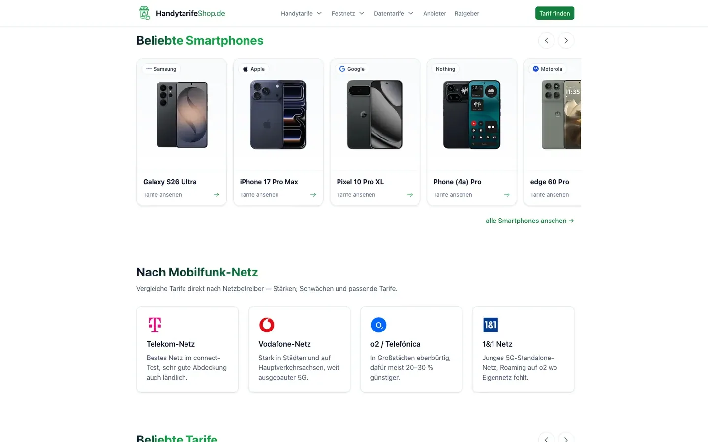 Screenshot : HandytarifeShop.de – Smartphones & Tarife vergleichen